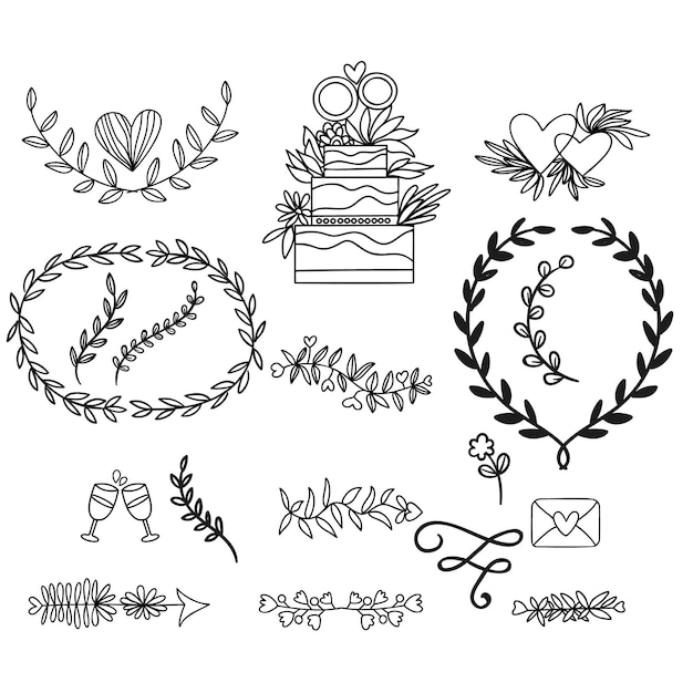 Ornamentos de álbum de bodas dibujados a mano vector negro