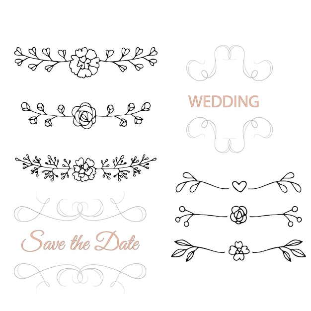 Ornamentos de álbum de bodas dibujados a mano vector negro