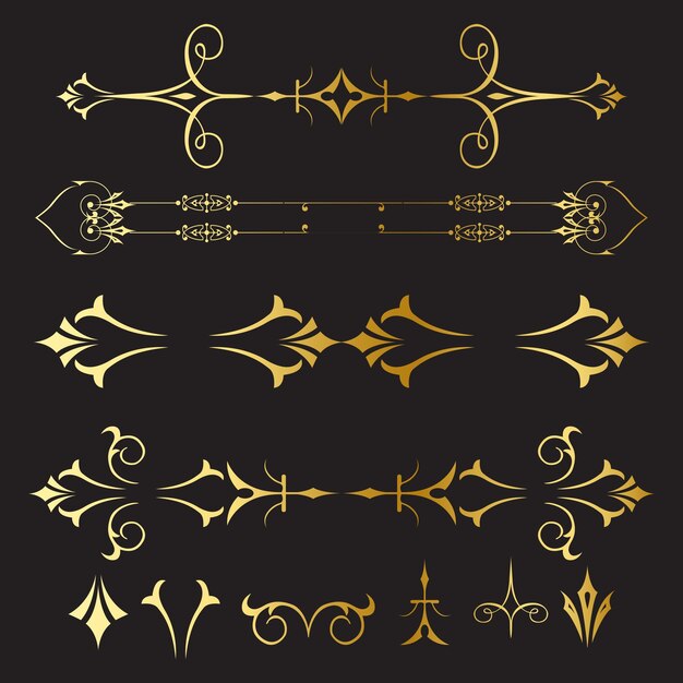 Ornamentos decorativos de divisores de oro aislados en ilustración vectorial de fondo negro
