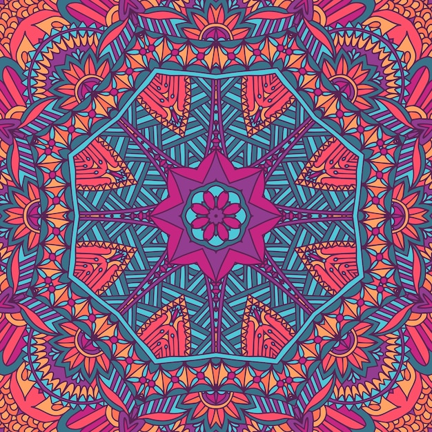 Ornamentos de estilo Boho de medallón y garabateo Festivo Patrón vectorial sin costuras de colores