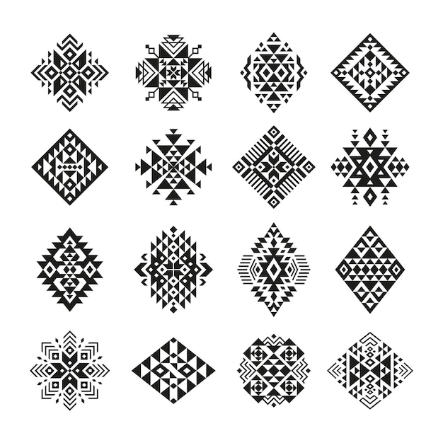 Ornamentos étnicos aztecas colección de plantillas de tatuajes boho Navajo México motivo tradicional aislado ordenado tribal elementos de diseño vectorial geométrico ornamento ilustración étnica y azteca