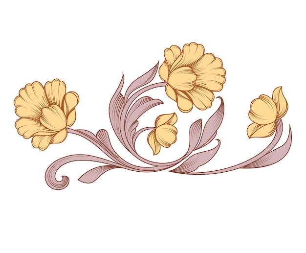 Ornamentos florales vintage barrocos con contorno estilizado de peonías