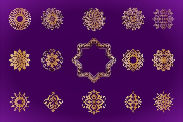 Ornamentos de mandala arabescos de oro de lujo en fondo púrpura