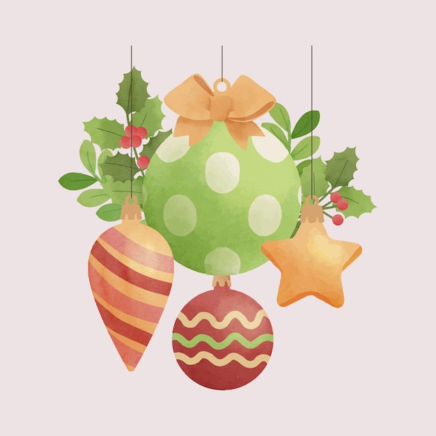 Ornamentos navideños de acuarela en un fondo aislado