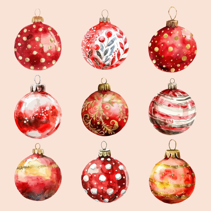 Ornamentos navideños rojos y festivos en acuarela