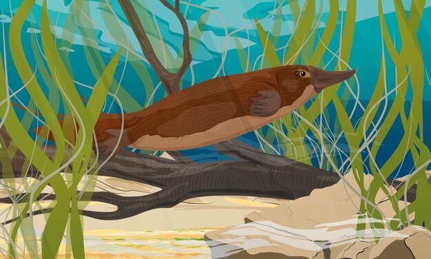 El ornitorrinco nada más allá de una rama que se encuentra en el fondo de un lago Especies endémicas de Australia