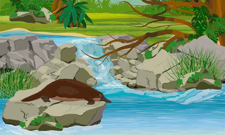Vector el ornitorrinco se sienta en una piedra cerca de una pequeña cascada especie endémica de australia y tasmania