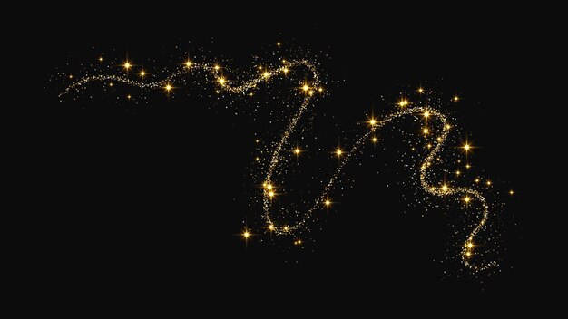 Oro brillante ola de confeti y polvo de estrellas brillos mágicos dorados en fondo oscuro Ilustración vectorial