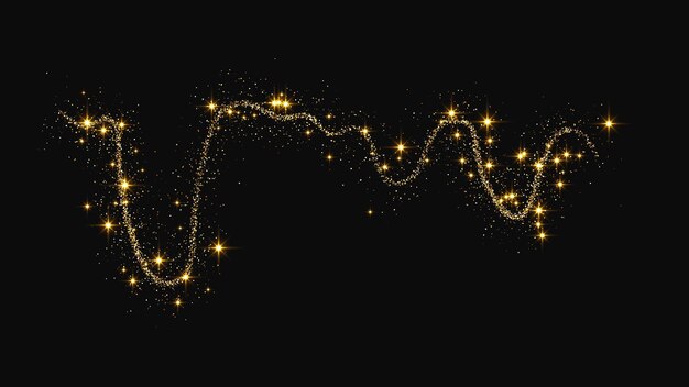 Oro brillante ola de confeti y polvo de estrellas brillos mágicos dorados en fondo oscuro Ilustración vectorial