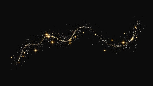 Oro brillante ola de confeti y polvo de estrellas brillos mágicos dorados en fondo oscuro Ilustración vectorial