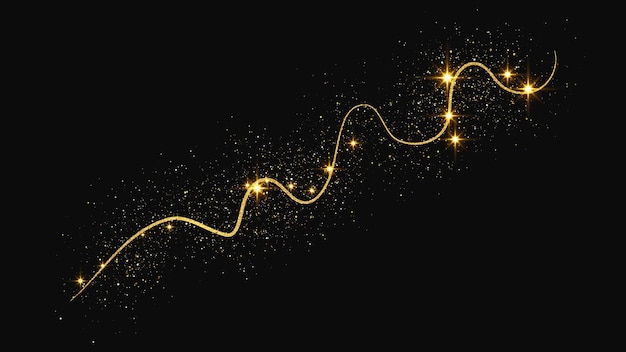 Oro brillante ola de confeti y polvo de estrellas brillos mágicos dorados en fondo oscuro Ilustración vectorial