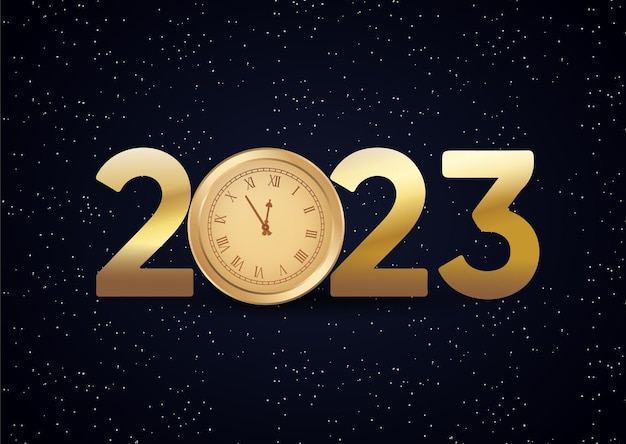 Vector oro feliz año nuevo 2023 con esfera de reloj y destellos de brillo reventado sobre fondo negro