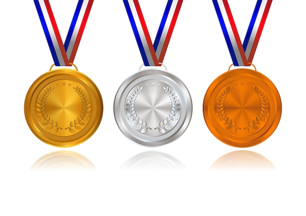 Oro, plata, bronce, medallas de premio con cintas.