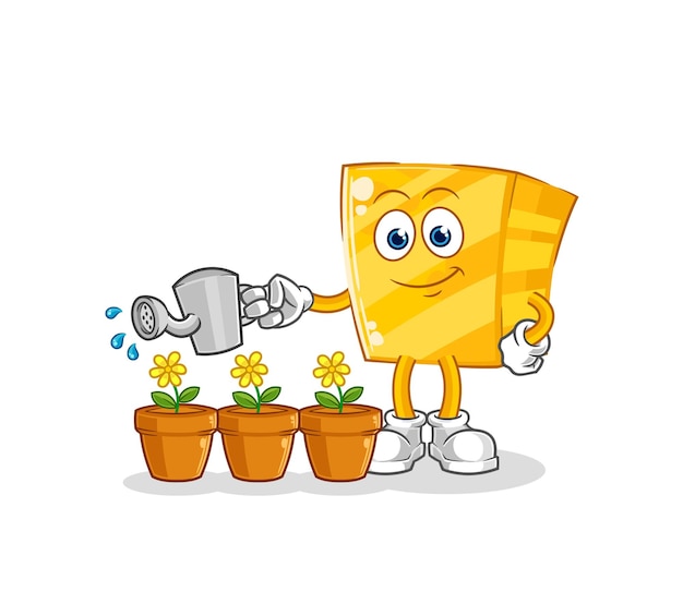 Oro regando el vector de dibujos animados de la mascota de las flores