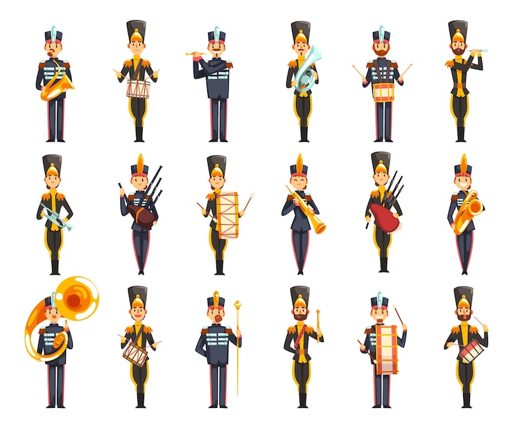 Vector orquesta de banda de marcha cg personajes vestidos con uniforme tocando instrumentos musicales conjunto ilustración vectorial de dibujos animados