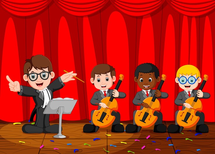 Vector orquesta sinfónica clásica en el escenario