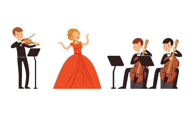 Orquesta Sinfónica tocando música clásica actuando en el escenario Mujer cantante y músicos tocando violines violonchelo Ilustración vectorial de dibujos animados