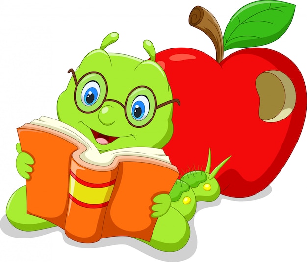 Oruga de dibujos animados leyendo un libro