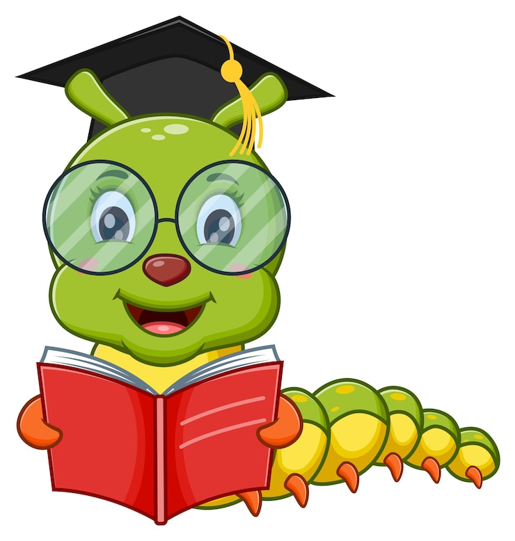 Vector oruga verde en gorra de graduación y gafas libro de lectura adecuado para materiales educativos