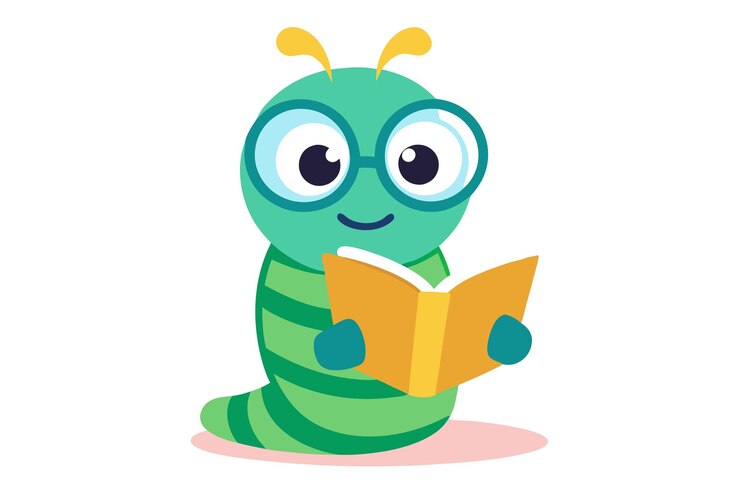 Vector una oruga verde leyendo un libro con un dragón verde en el frente