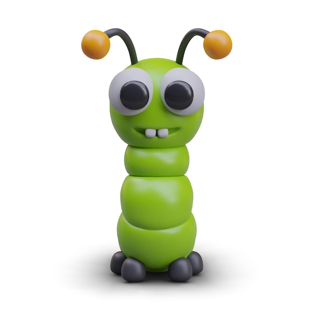 La oruga verde sonriente con dos dientes es un personaje lindo para el diseño web.