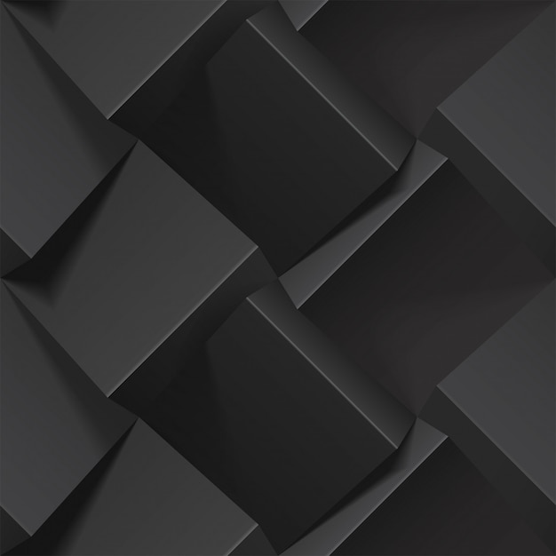 Vector oscuro abstracto sin fisuras patrón geométrico. cubos realistas de papel negro. plantilla para fondos de pantalla, textil, tela, papel de regalo, fondos. textura con efecto de extrusión de volumen.