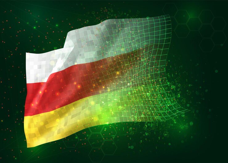 Vector osetia del sur, vector bandera 3d sobre fondo verde con polígonos y números de datos