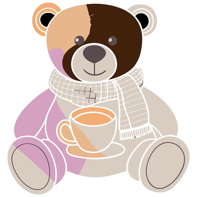Osito de peluche azul con bufanda y taza de café sobre un fondo azul