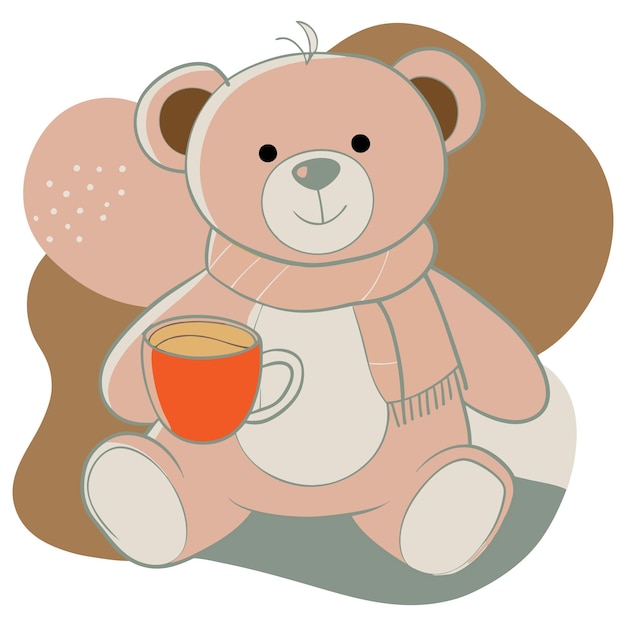 Osito de peluche azul con bufanda y taza de café sobre un fondo azul