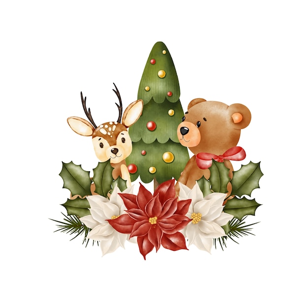 Vector osito de peluche y ciervos bajo el árbol de navidad, banner