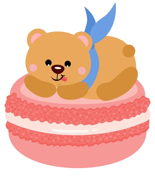 Vector un osito de peluche lindo y codicioso encima de un macarrón.