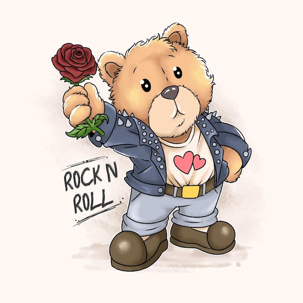 Vector osito de peluche rock and roll y el amor trae rosas de acuarela