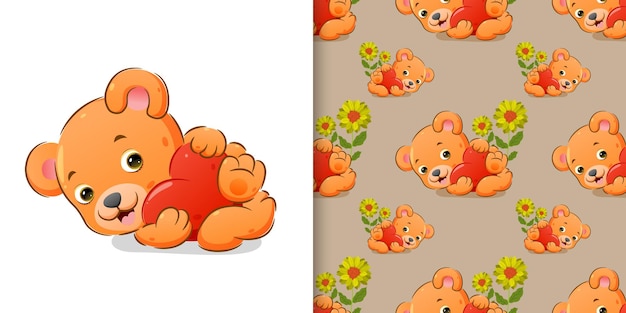 El oso abraza un gran corazón de color con su mano en un conjunto de patrones.