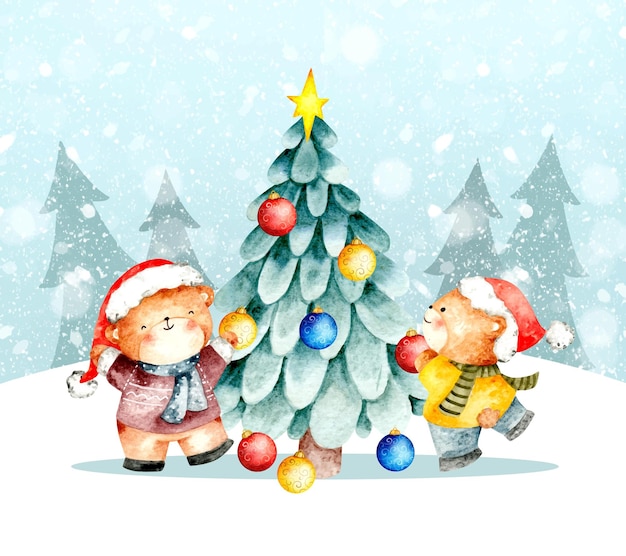 Oso de acuarela y árbol de Navidad