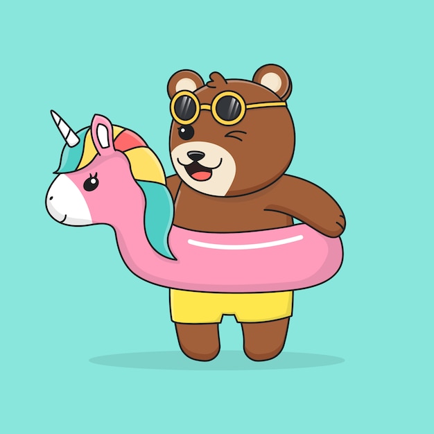 Vector oso con anillo de natación unicornio y gafas de sol