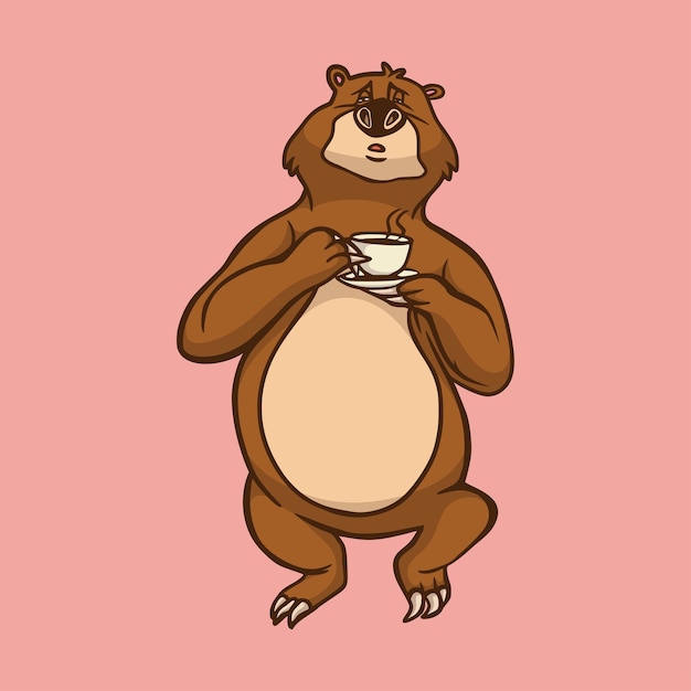 El oso animal de dibujos animados lleva una taza de café con el logotipo de la mascota linda