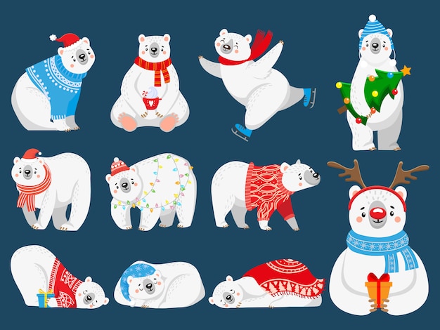 Oso ártico con regalos de año nuevo, feliz animal de nieve en conjunto de ilustración de dibujos animados de suéter de feliz navidad