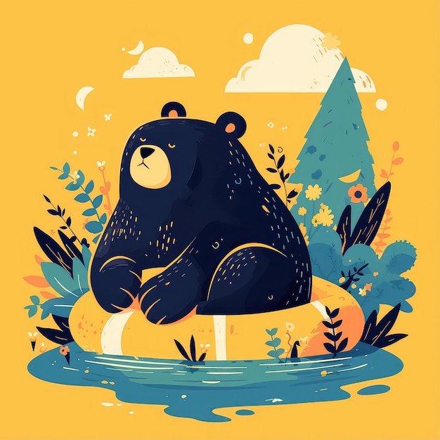 Vector un oso en una balsa al estilo de los dibujos animados