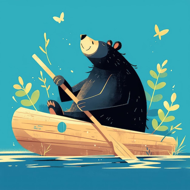 Un oso en una balsa al estilo de los dibujos animados