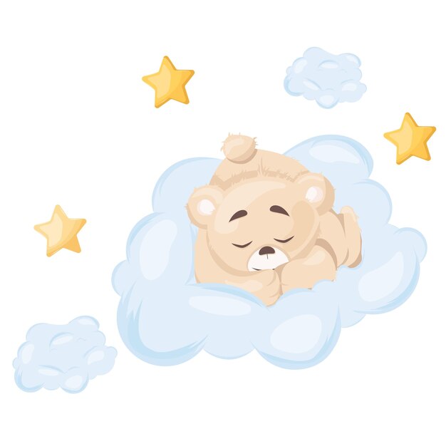 Un oso bebé durmiendo en una nube con estrellas.