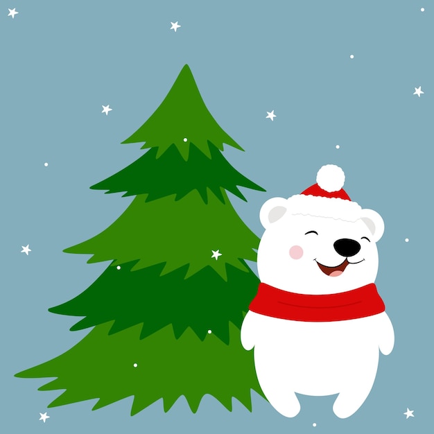 El oso blanco gracioso cerca del árbol de Navidad
