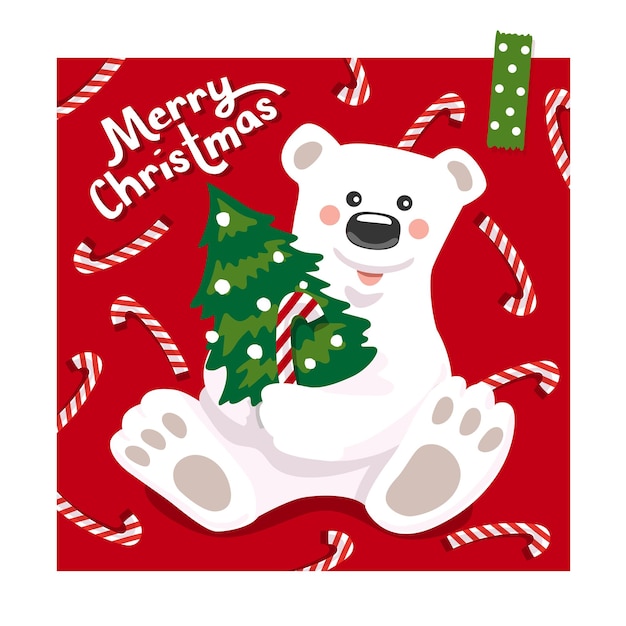 Vector el oso blanco guarda un árbol de navidad y un caramelo sobre fondo rojo.