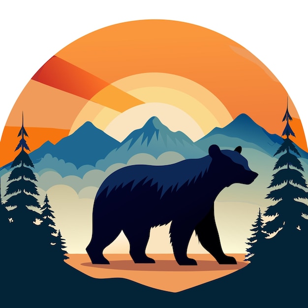 Oso en el bosque al atardecer Listo para imprimir camisetas Ilustración vectorial