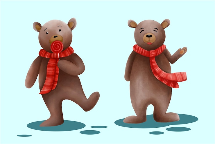Vector oso con bufanda roja de invierno sonriendo agitando la mano y comiendo piruleta