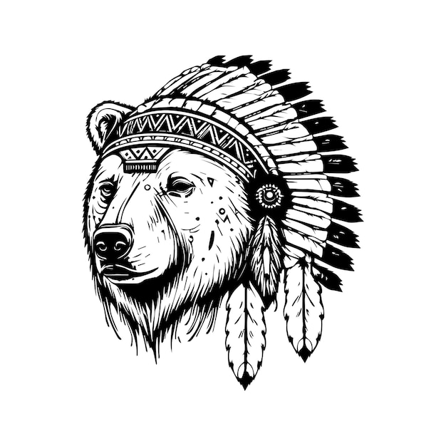 oso con el casco de un jefe indio en una ilustración de arte de línea dibujada a mano