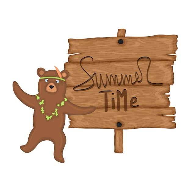 Oso cerca del letrero de madera con la inscripción Summer Time en vector Cartoon ilustración