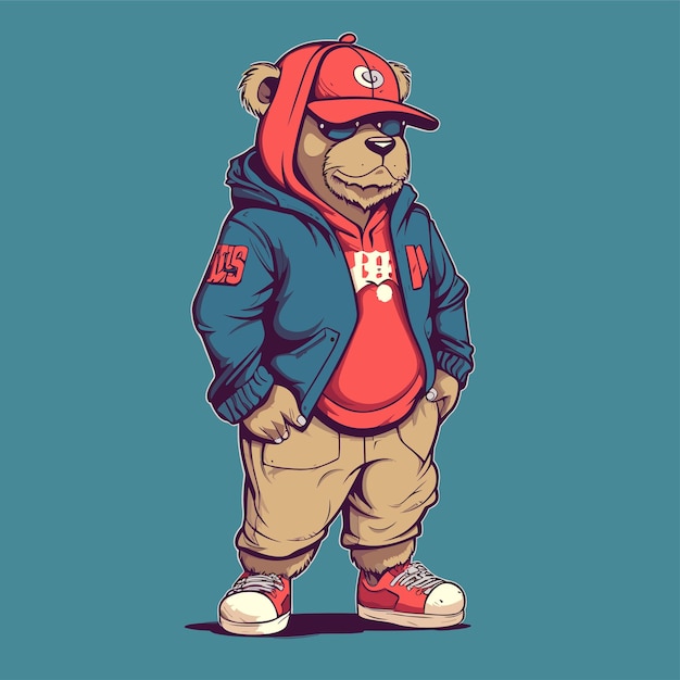 oso con chaqueta azul y estilo de ilustración de sombrero