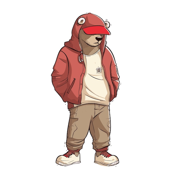 oso con chaqueta roja y estilo de ilustración de sombrero