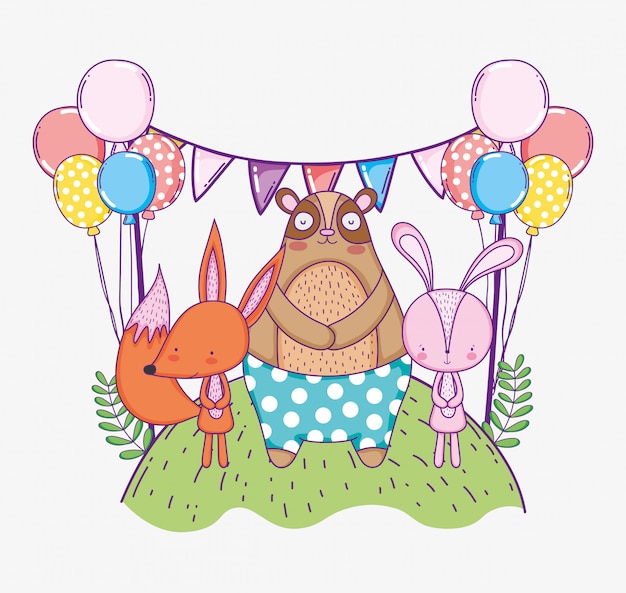 Oso con conejo y zorro celebrando feliz cumpleaños