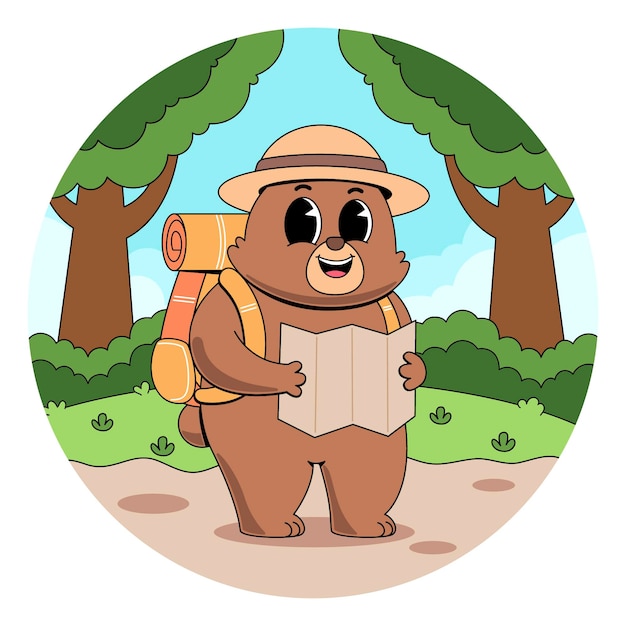 El oso de dibujos animados caminando con un mapa en el bosque